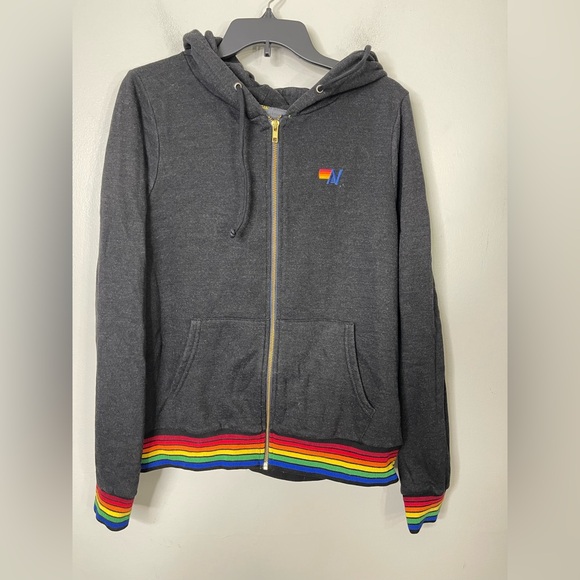 AVIATOR NATION Rainbow Rib Charcoal Gray full zip hoodie rainbow cuffs MEDIUM - Picture 2 of 7